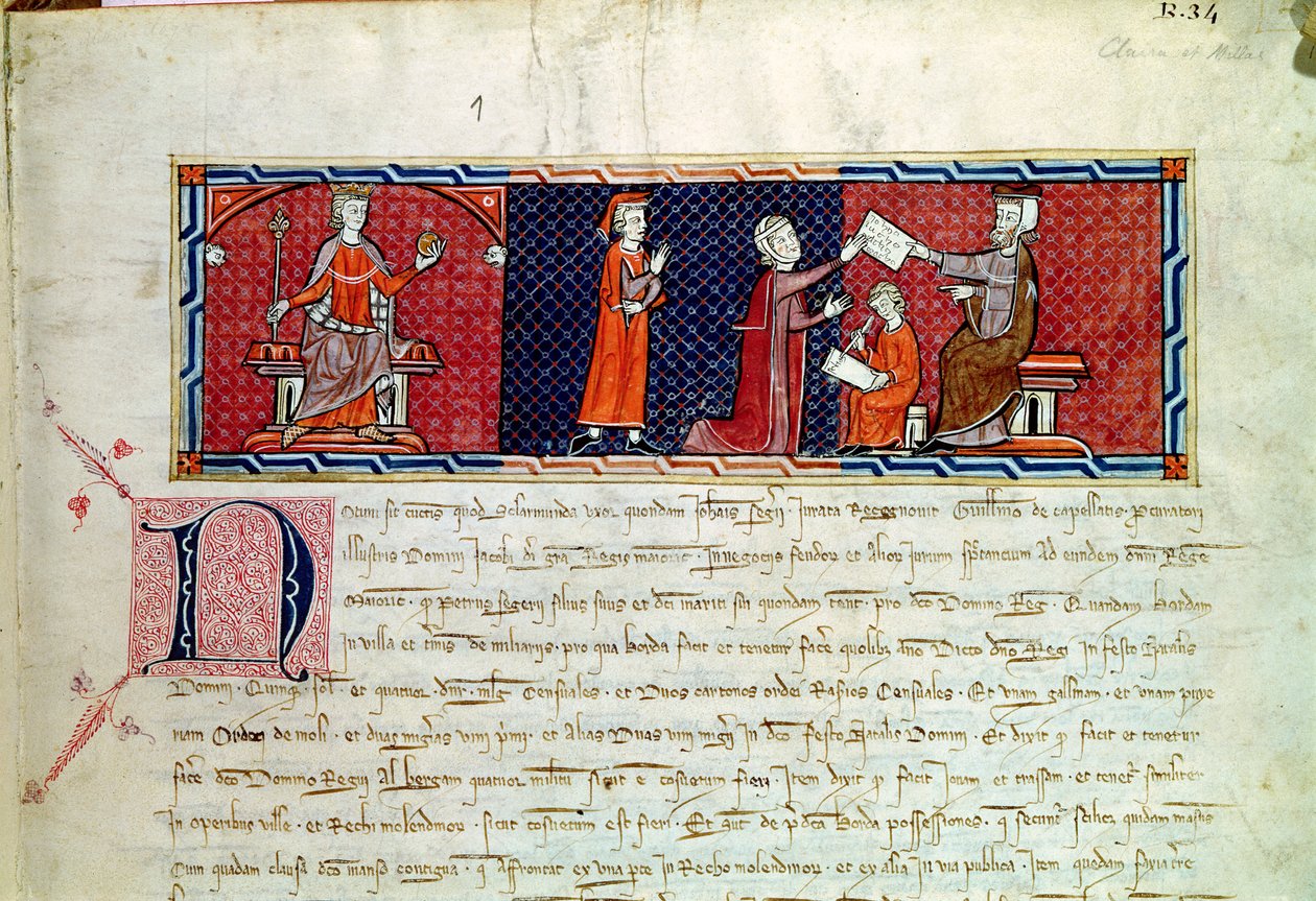 En kvinde, der aflægger ed for kong James I (1207-76) af Mallorca, fra Capbreu de Clayra et de Millas, 1292 af Spanish School