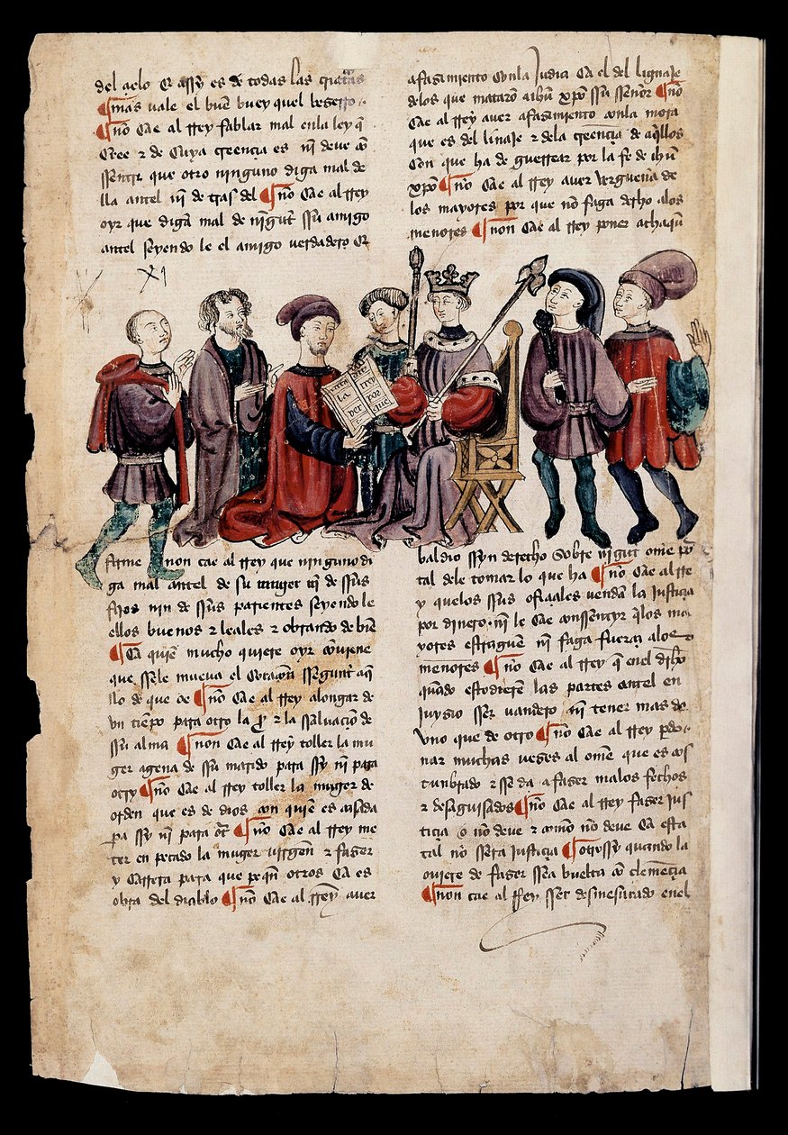 En mand præsenterer en bog til kongen, miniature i "Book of Punishments or Documents for Good Living" af Spanish School