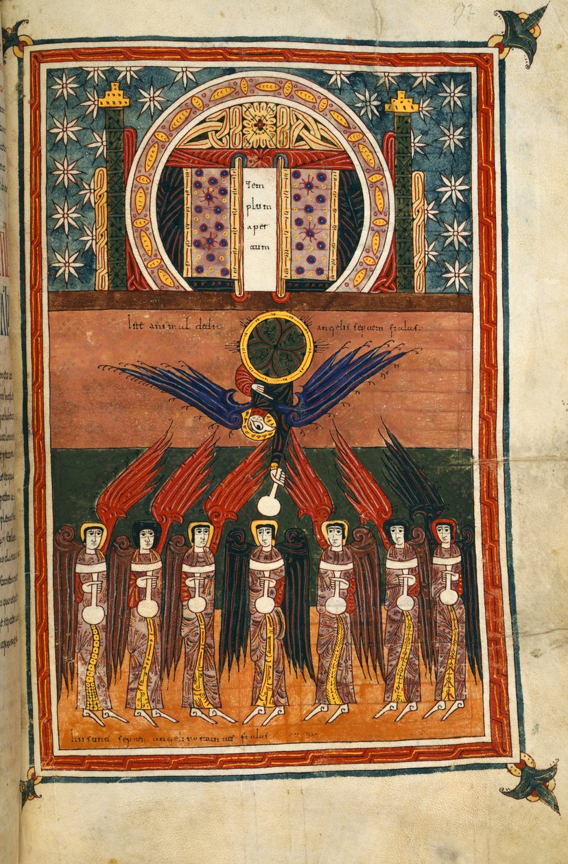 Tilføje. 11695, f.172 De syv pestengle med hætteglas udgår fra helligdommen. Fra Silos Apocalypse af Spanish School