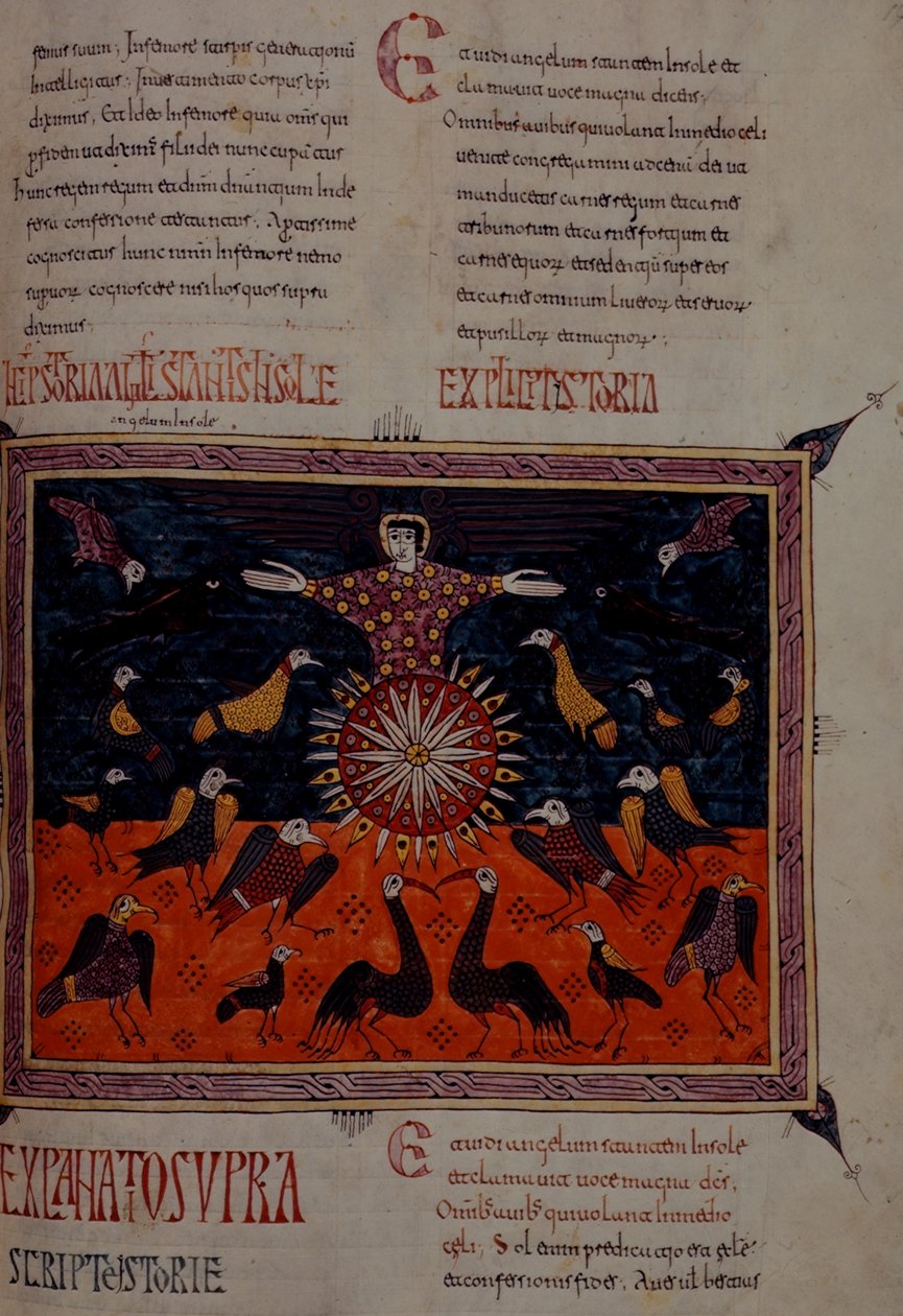Tilføj 11695 fol.197 En engel, der står i solen, fra Beatus Apocalypse fra Santo Domingo de Silos af Spanish School