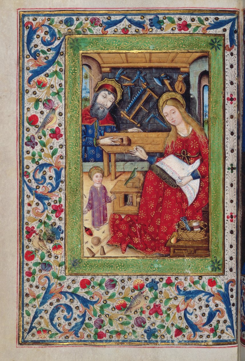 Tilføj 18193 f.48v Den hellige familie i Josephs snedkeri, latin med spanske rubrikker, fra en 