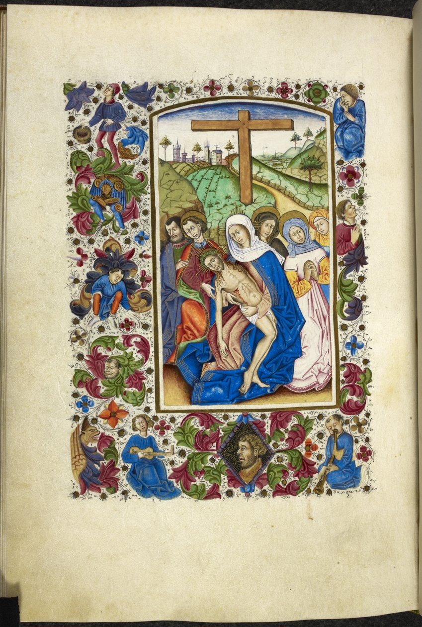 Tilføj MS 50004 f.70v Jomfru Maria, der holder Kristi legeme, med to disciple og kvinder ved siden af sig, fra en 