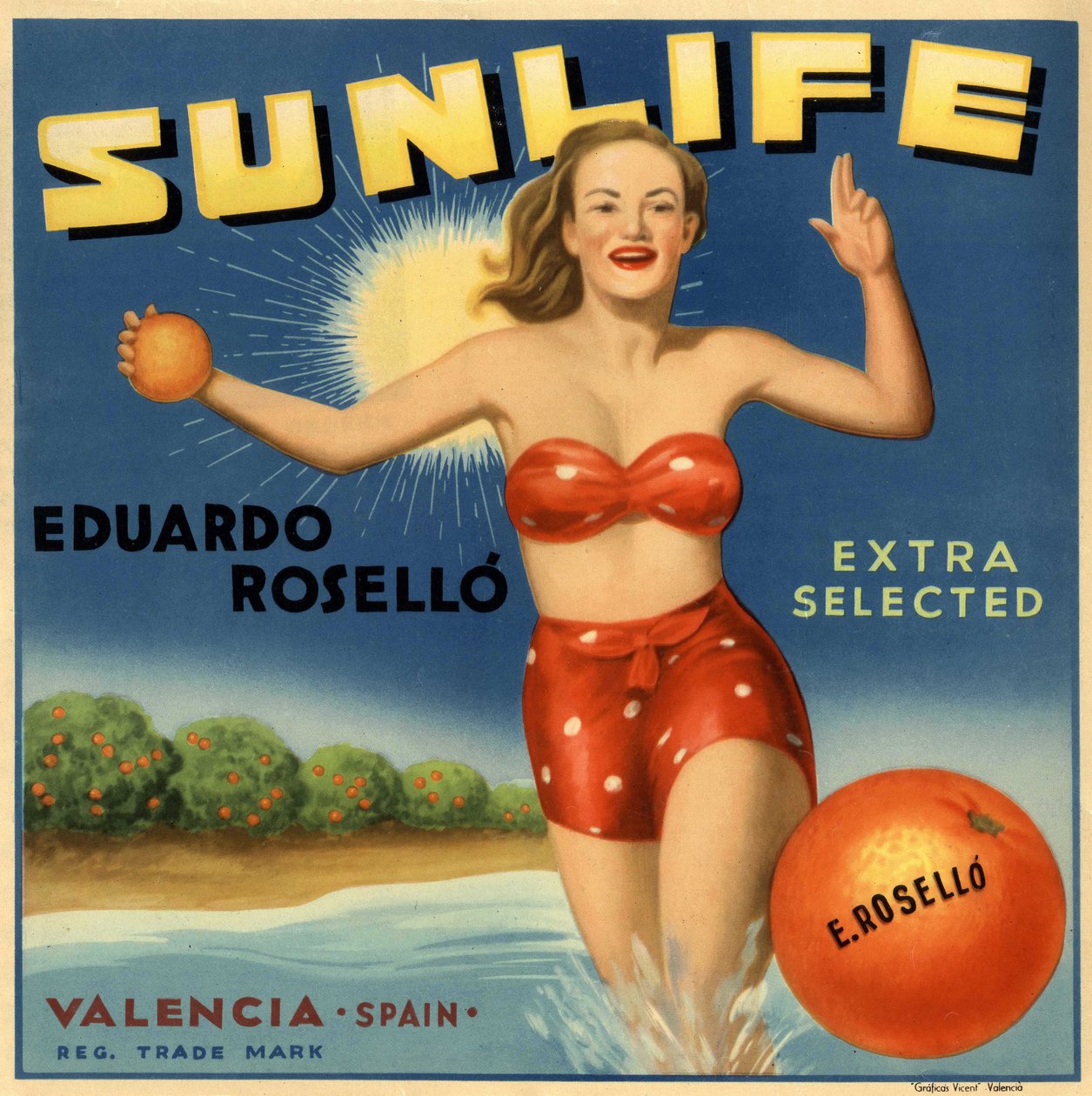 Reklame for appelsiner, billede af en kvinde i badedragt. Reklameplakat, Valencia af Spanish School