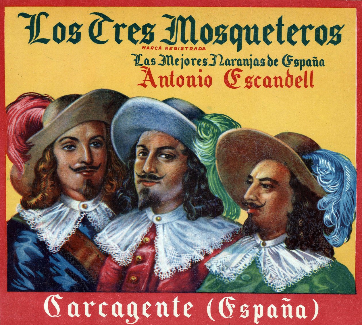 Annoncebillede, "De tre musketerer, de bedste appelsiner i Spanien"". Reklameplakat af Spanish School