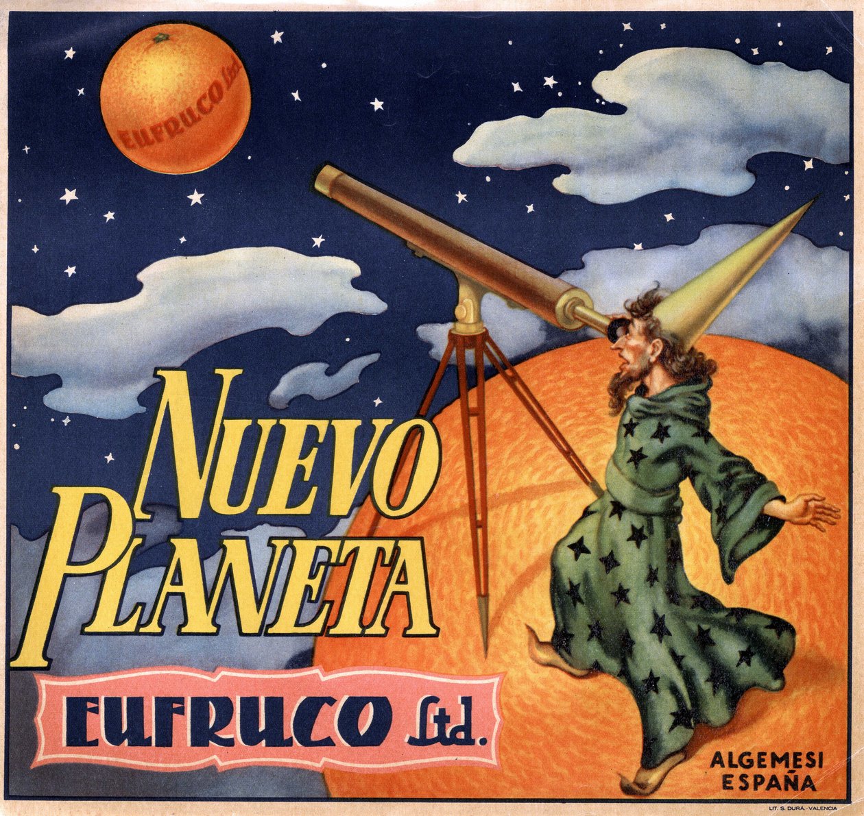 Annoncering med en tryllekunstner, der observerer "" den nye planet Orange""". Reklameplakat, Valencia af Spanish School