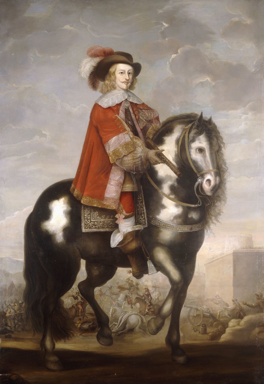 Et ridesportræt af kardinal Infante Fernando de Borbon, guvernør i de spanske Nederlande, i fuld længde i en rød frakke og plymerhat, et slag hinsides, ca. 1685 af Spanish School