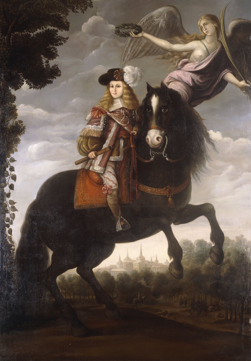 Et rytterportræt af kong Charles II, fuld længde, i en rød frakke med hvid trim, kronet med en laurbær af en engel, Madrid i det fjerne, ca. 1685 af Spanish School