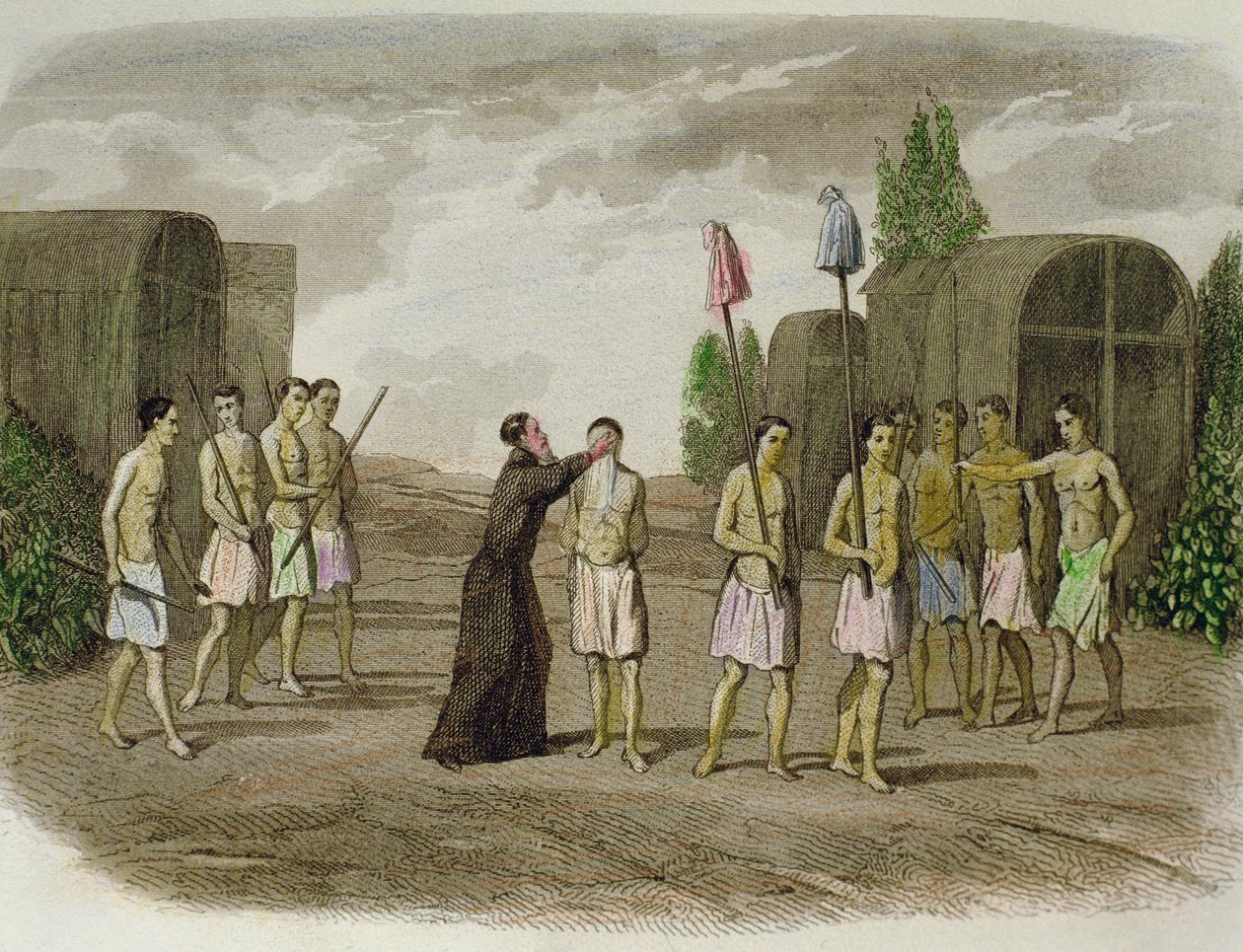 En indfødt slave af Tupinamba-stammen bliver døbt af en jesuiterpræst nær Bahia i 1550 af Spanish School