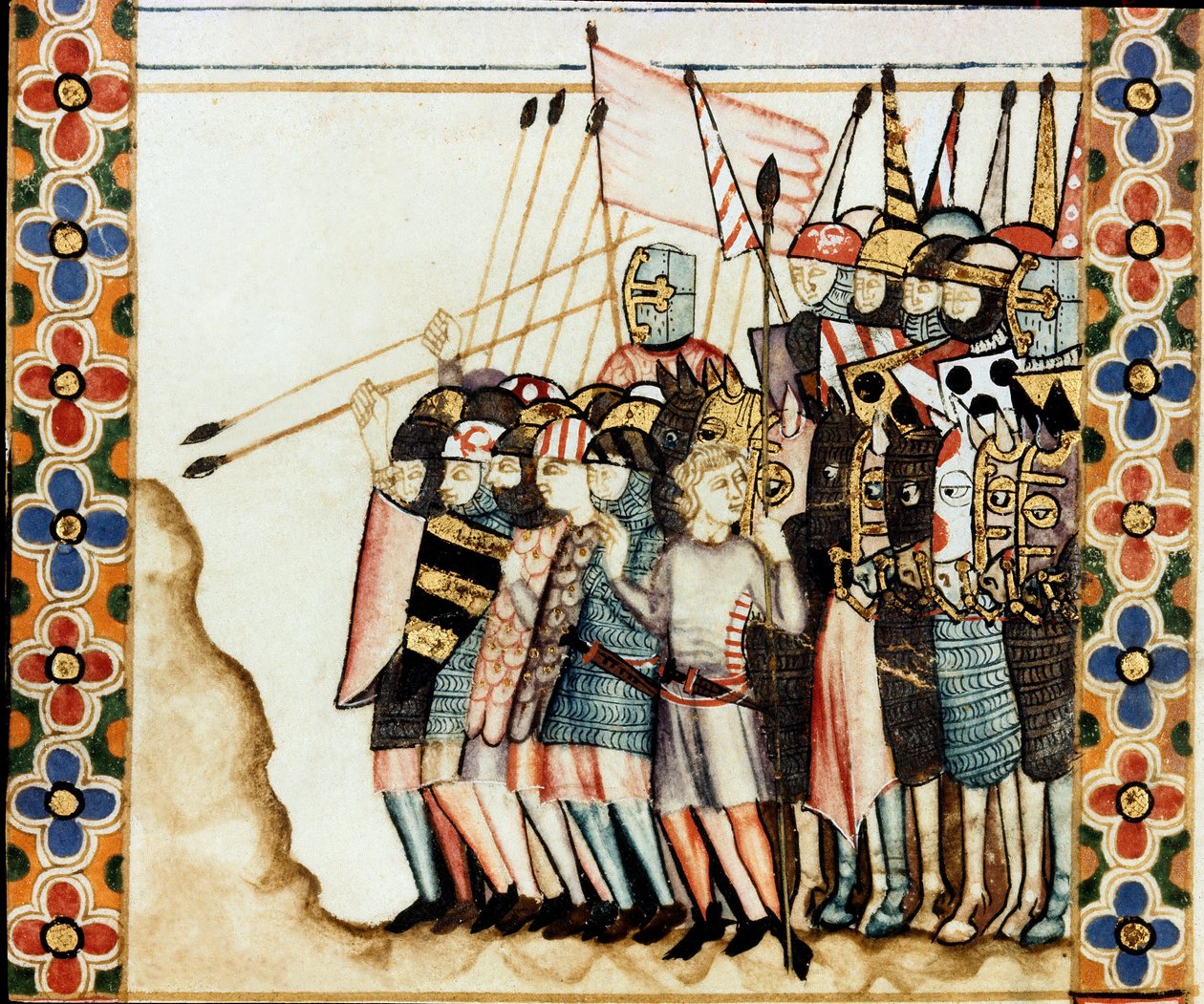 Armee des croises Detalje af en side taget fra et manuskript af Sangen Marias sang (Cantigas de Santa Maria), dekorerende miniaturer dedikeret til Sankt Maria og hendes mirakler, en samling af sange redige under regen af Alfonso X den vise (1221- 1284). af Spanish School