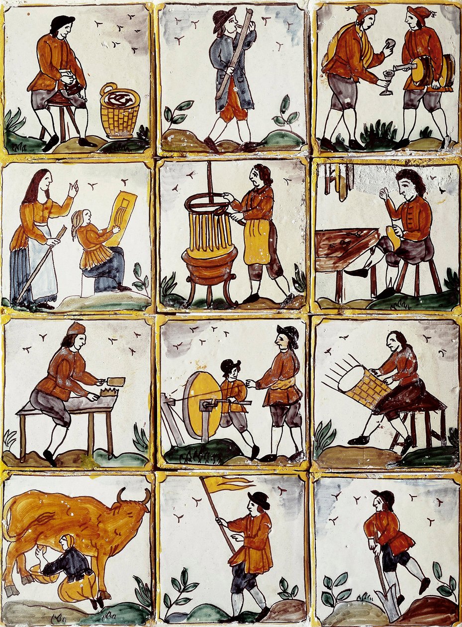 Håndværksfag: skomager, bødker, fletkurvfabrikant, vinmager, tegnelecon, musiker, komalkning, slibemaskine, landmand, ebenist. Catalanske keramiske fliser (Spanien) af Spanish School