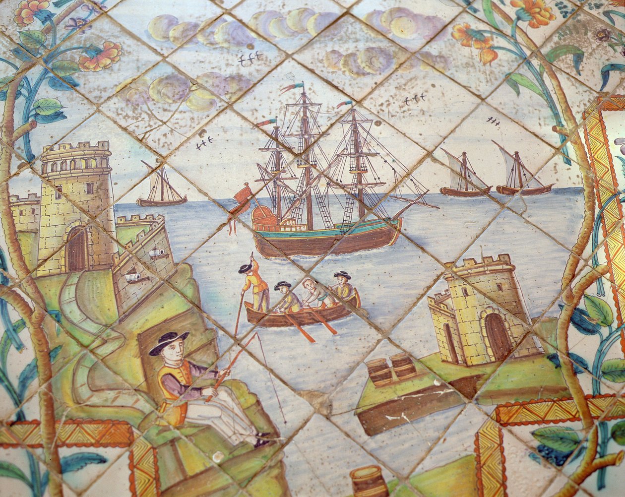 Azulejos-fliser, der viser en havn med skibe (keramik) af Spanish School