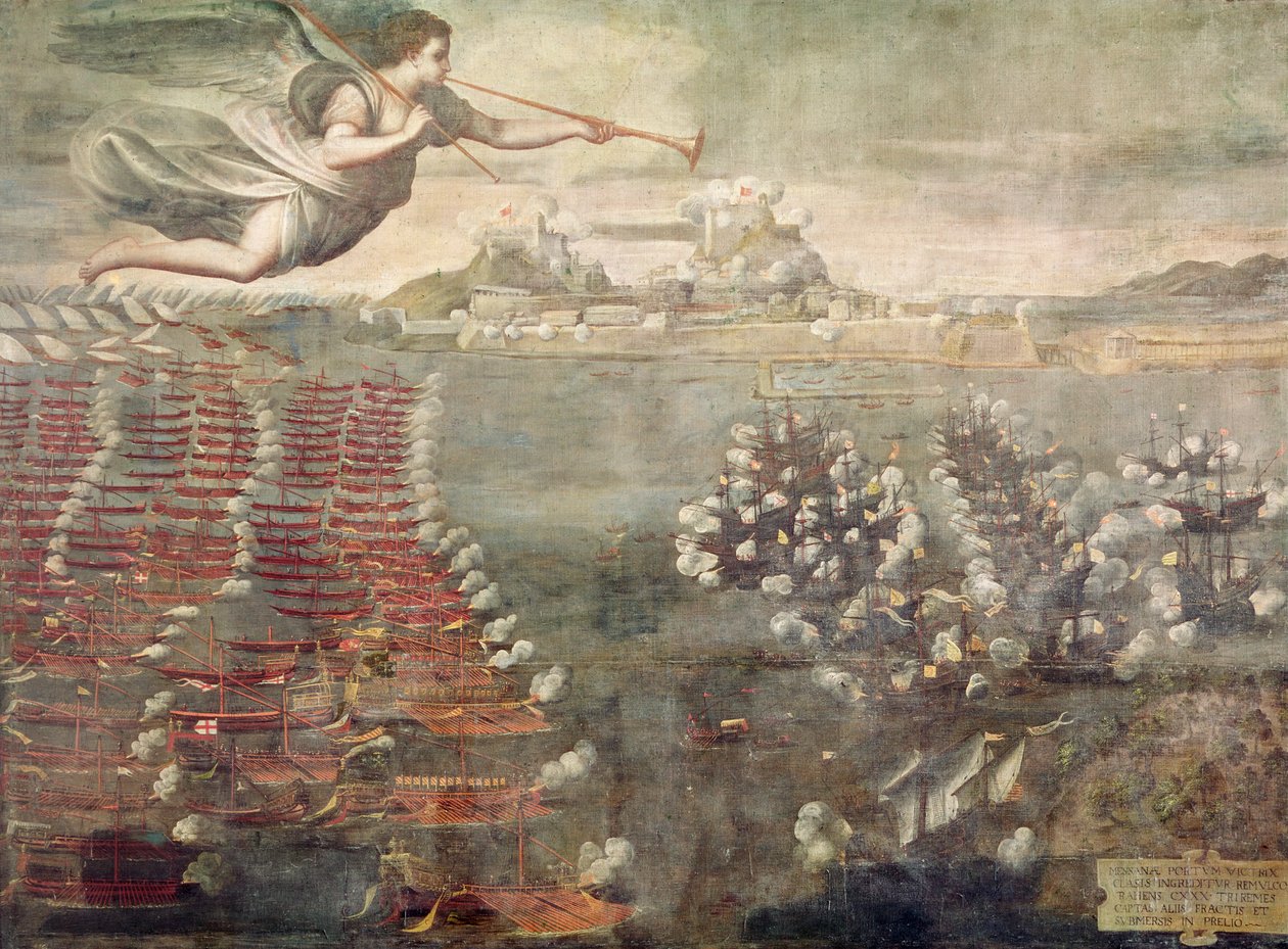 Slaget ved Lepanto. Sejrrige skibe på vej ind i Messinas havn (olie på lærred) af Spanish School
