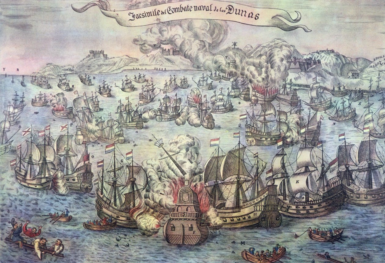 Battle of the Downs, 21. oktober 1639 (farvet indgravering) af Spanish School