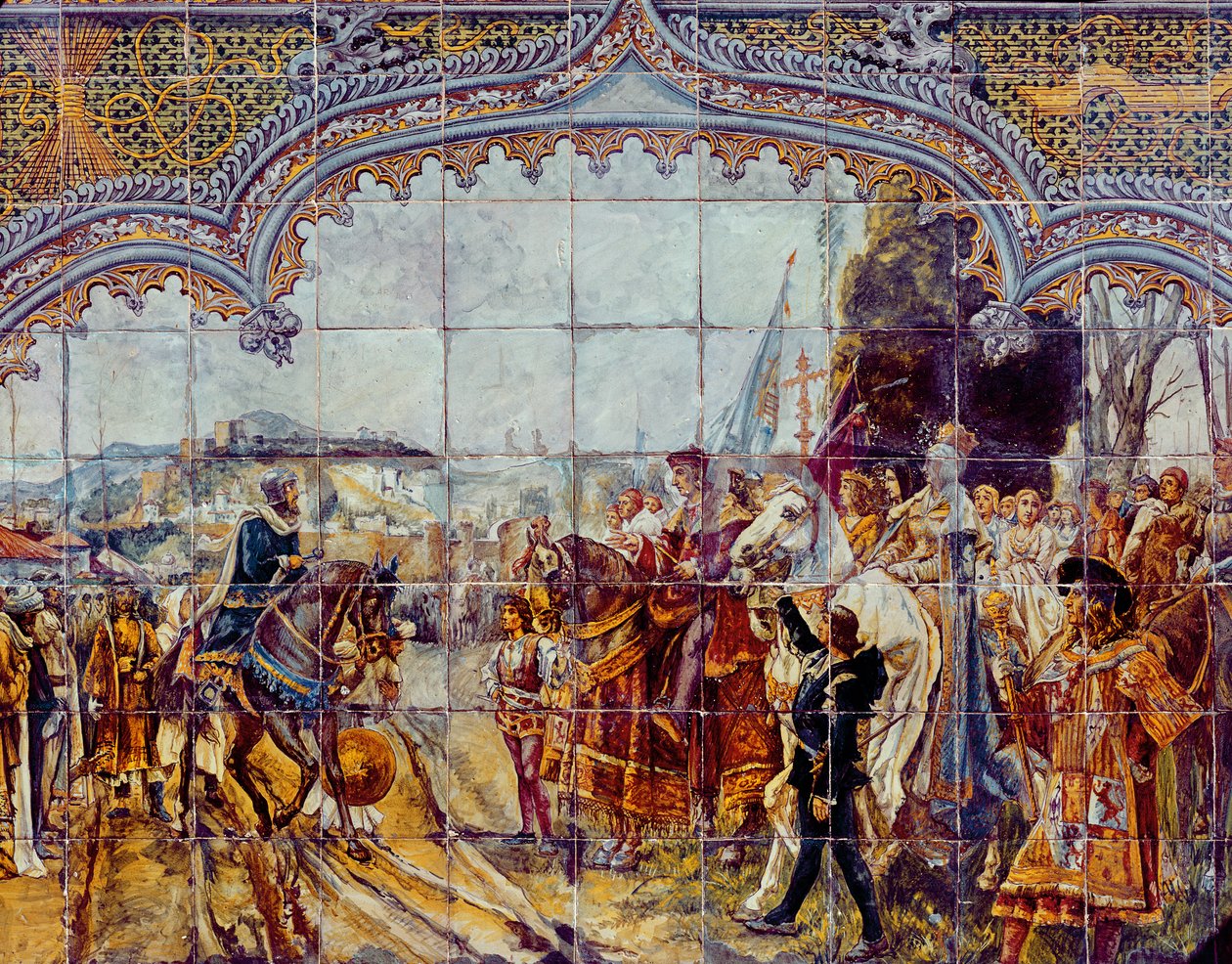 Boabdil overgiver nøglerne til Granada til de katolske konger i 1492 (keramik) af Spanish School
