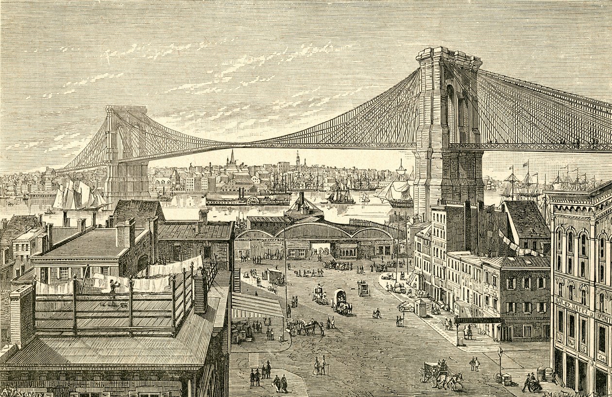 Brooklyn Bridge, New York, USA i det 19. århundrede. Fra El Museo Popular udgivet Madrid af Spanish School
