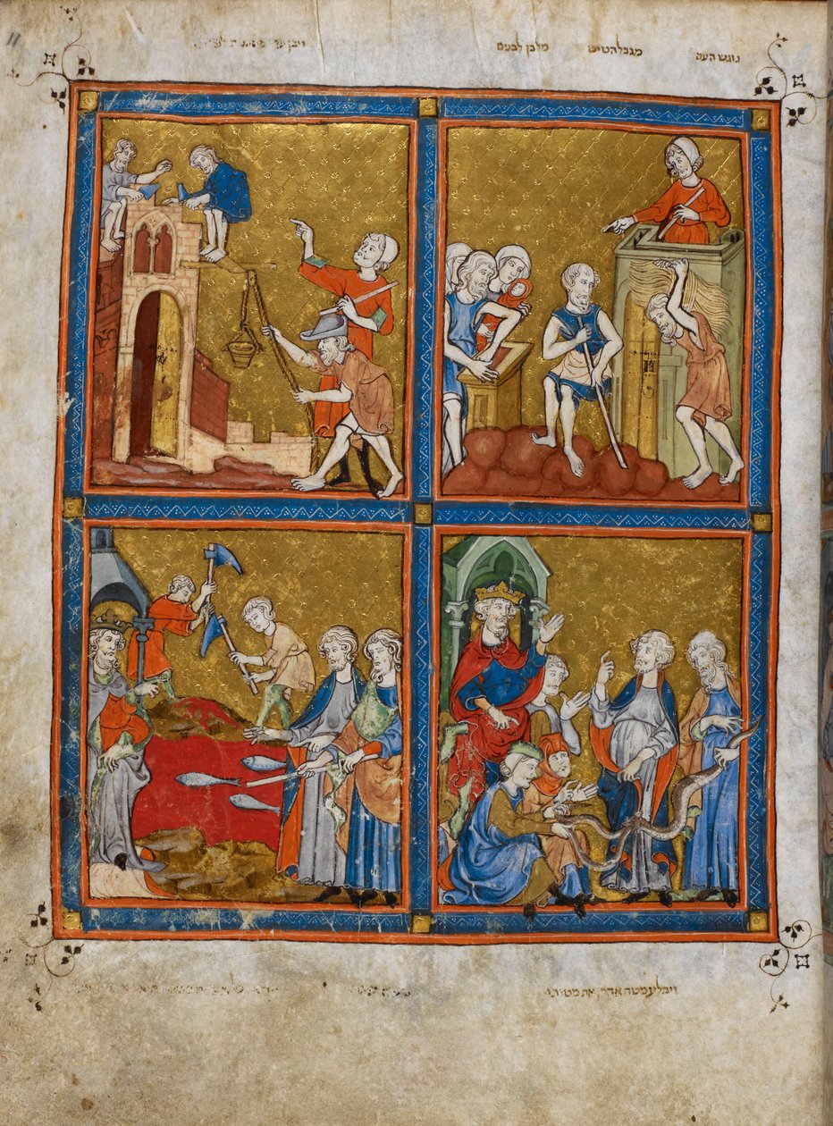 Opbygning af Faraos byer; israelitternes trældom; blodets plage; Arons slange sluger to andre af Spanish School
