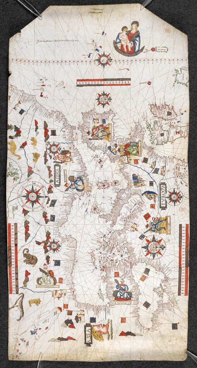 Kort over Middelhavet og Sortehavet og en del af Atlanterhavet, fra de britiske øer i nord til De Kanariske Øer i syd; med kystlinjerne; og med navnene på de vigtigste byer på spansk, af Jaume Oliues, Mallorqui en Missi af Spanish School