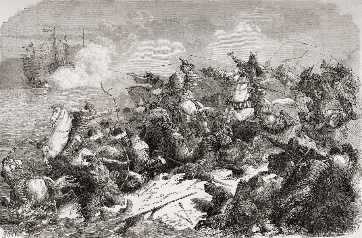 Kinesisk forsøg på invasion af Japan i det 13. århundrede, udg. 1878 (tryk) af Spanish School
