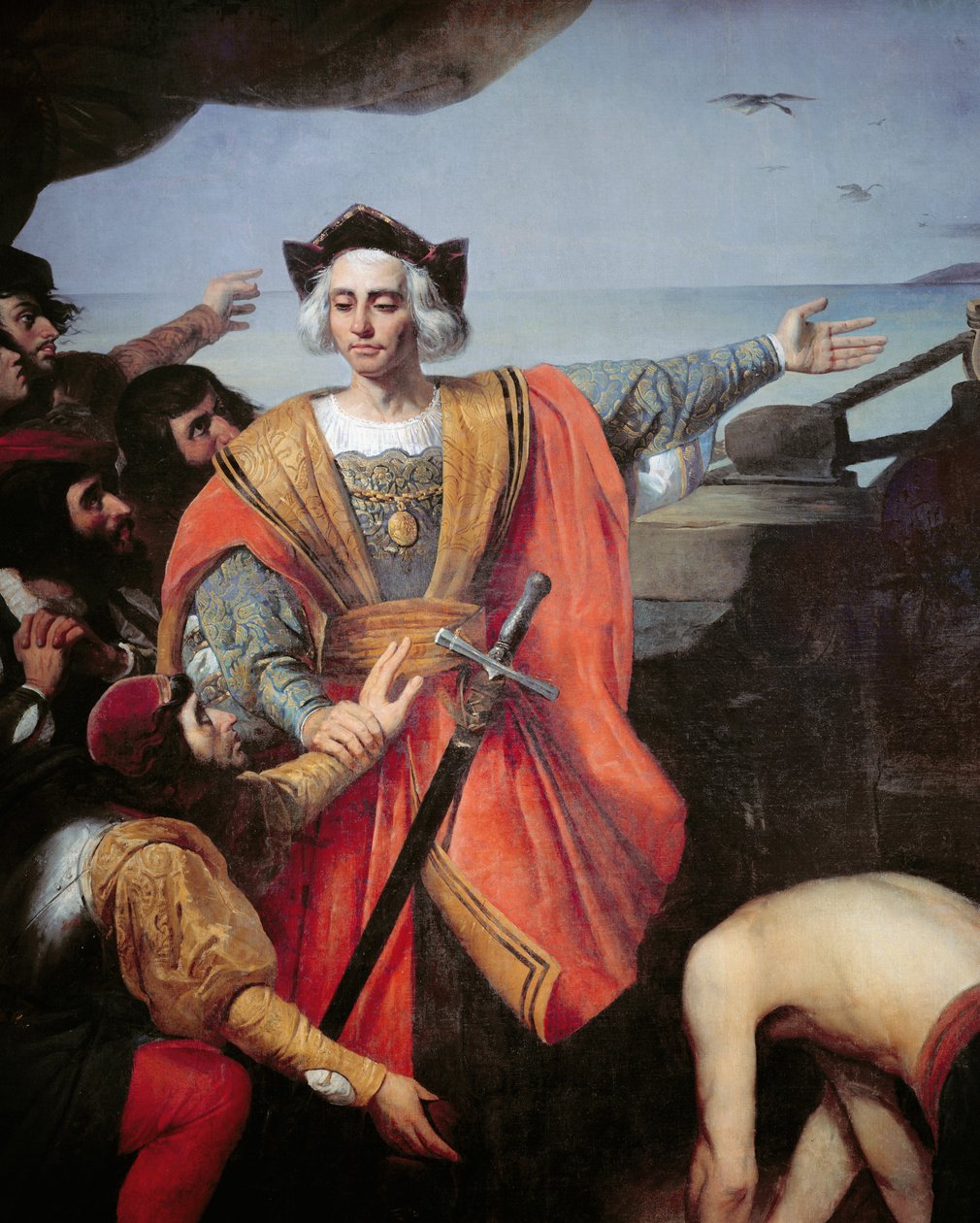 Christopher Columbus, om bord på sin karavel, gestikulerer til øen Guanahani (San Salvador) den 12. oktober 1492, detaljer (olie på lærred) af Spanish School
