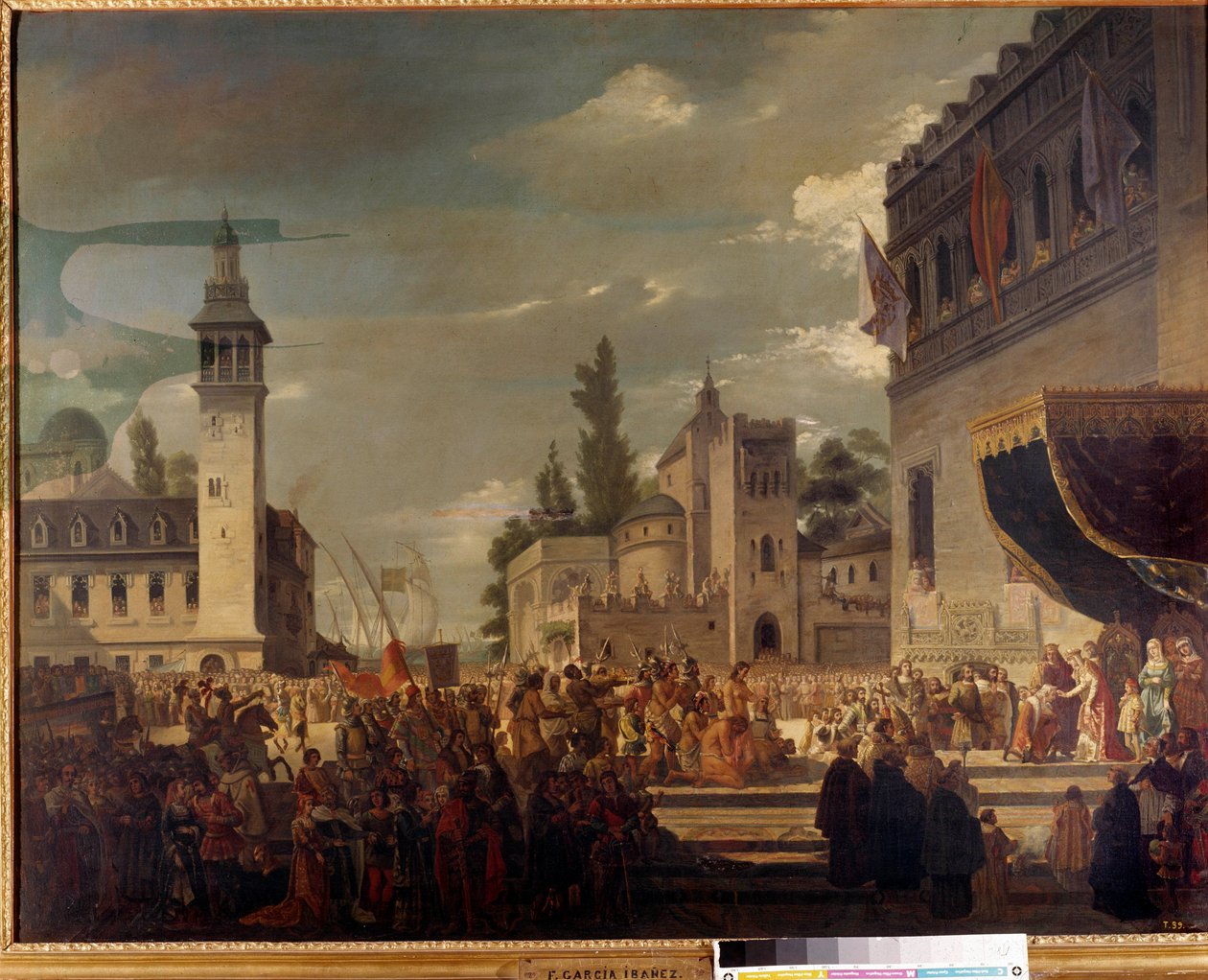 Christopher Columbus præsenterer oprindelige folk på Ferdinand II og Isabella 1. af Castilla i Barcelona: præsentationen af indbyggerne i Amerika for katolske konger af opdagelsesrejsende Christopher Columbus (1451-1506). Maleri af Garcia Ibanez af Spanish School