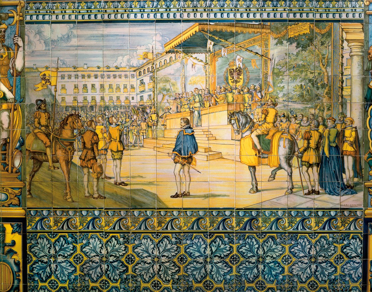 Festligheder i Valladolid til ære for Filip II af Spanien i maj 1559. Fliser fra skolen i Talavera i Pimentel-familiens palads, Valladolid. af Spanish School