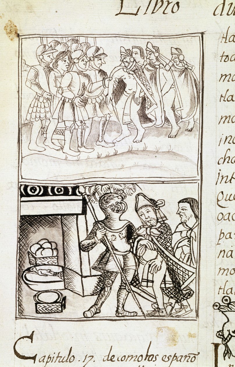 Kodeks for erobringen af Mexico - miniature fra det florentinske manuskript "Storia degli Aztechi" (Aztekernes historie) af Bernardino de Sahagun af Spanish School