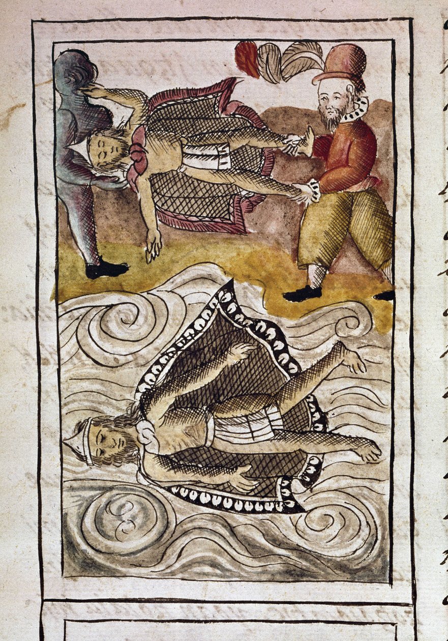 Kodeks om erobringen af Mexico: Ligene af Itzquauhtzin og Montezuma, eller Moctezuma II, aztekisk kejser (1466-1520), bliver smidt ud af paladset af spanierne. af Spanish School
