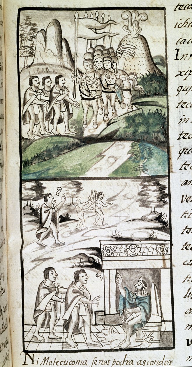 Kodeks for erobringen af Mexico: udsendinge fra Montezuma eller Moctezuma II, aztekisk kejser, møder spanierne af Spanish School