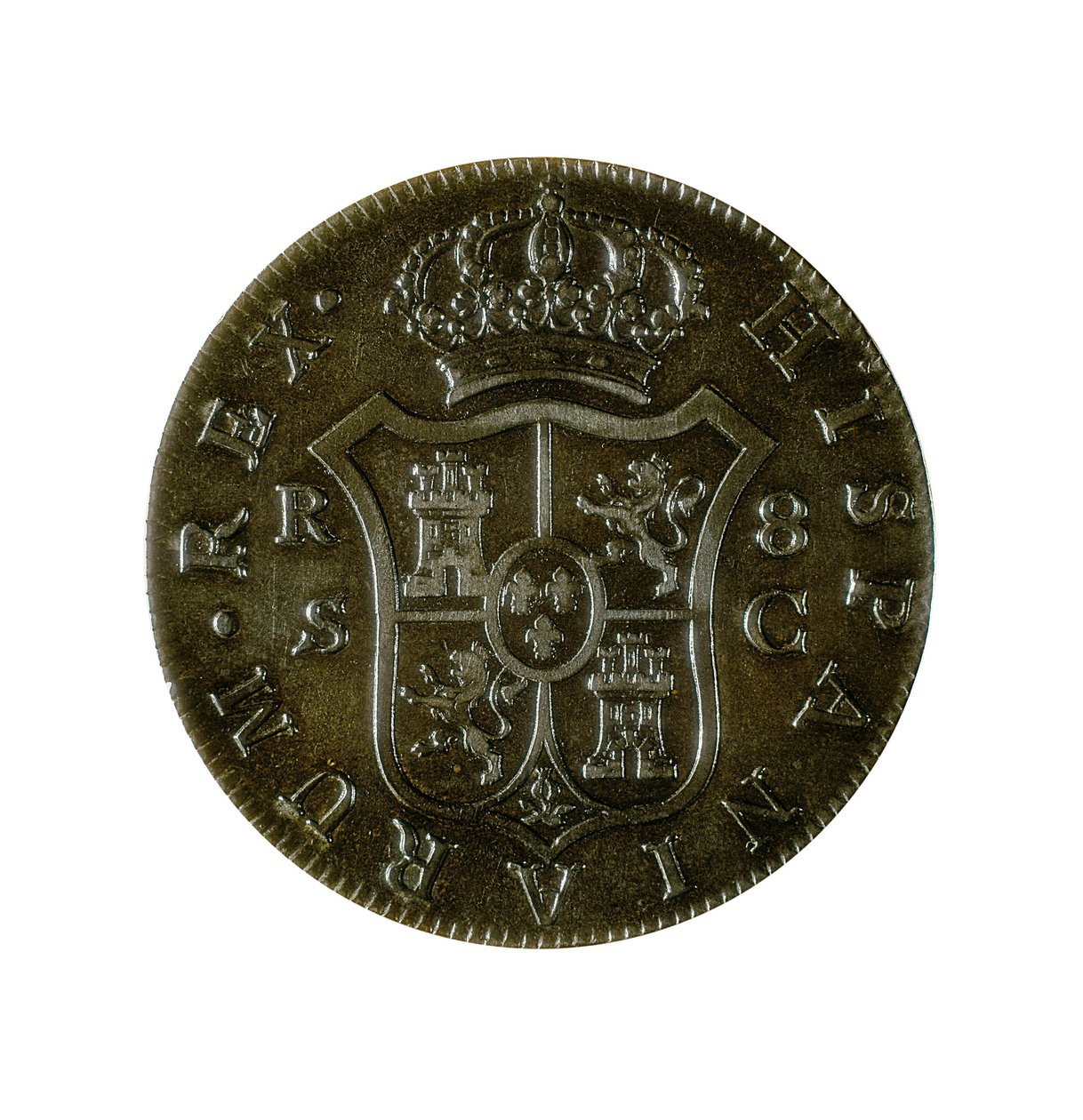 Mønt af 8 spanske realer, castiliansk valuta slået i Sevilla under Charles IV
