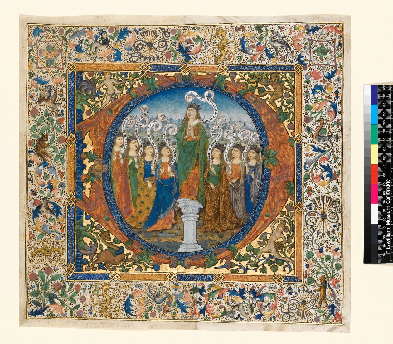 Collage med historiseret initial og kant fra et koralpsalter, ca. 1482-1492 (pergament) af Spanish School