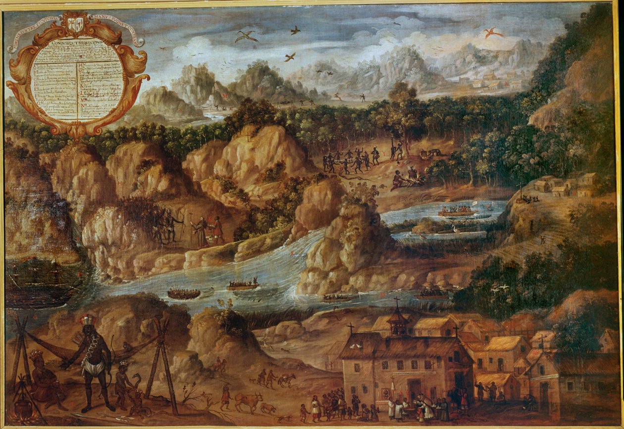 Erobringen af de indianske lande i Paraguay, der viser landskabet, floderne og en ny spansk kirke ... af Spanish School