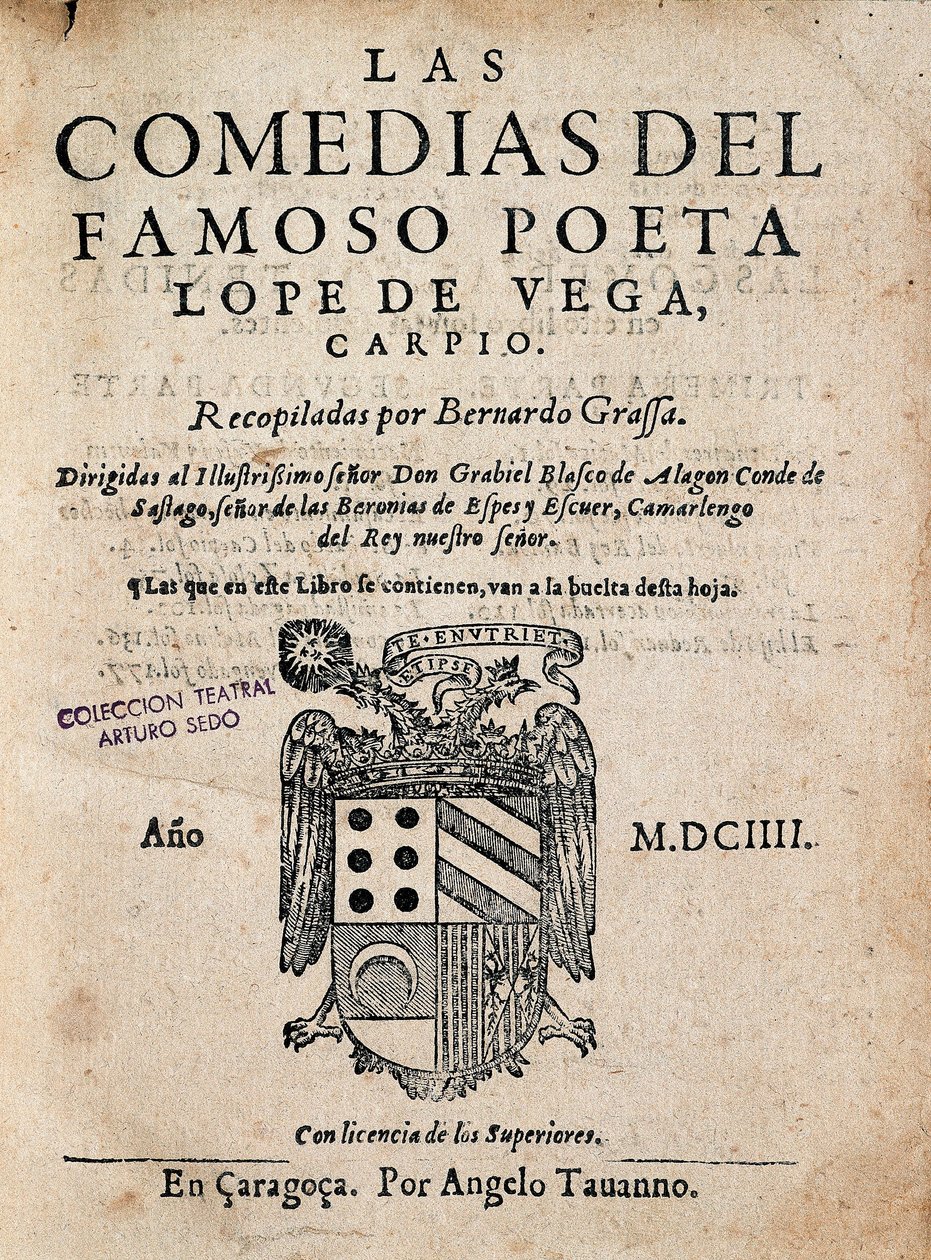 Forside til The Comedy of the Famous Poet Lope de Vega, af Felix Lope de Vega Carpio (1562-1635), udgave af 1604 (trykt monografi) af Spanish School