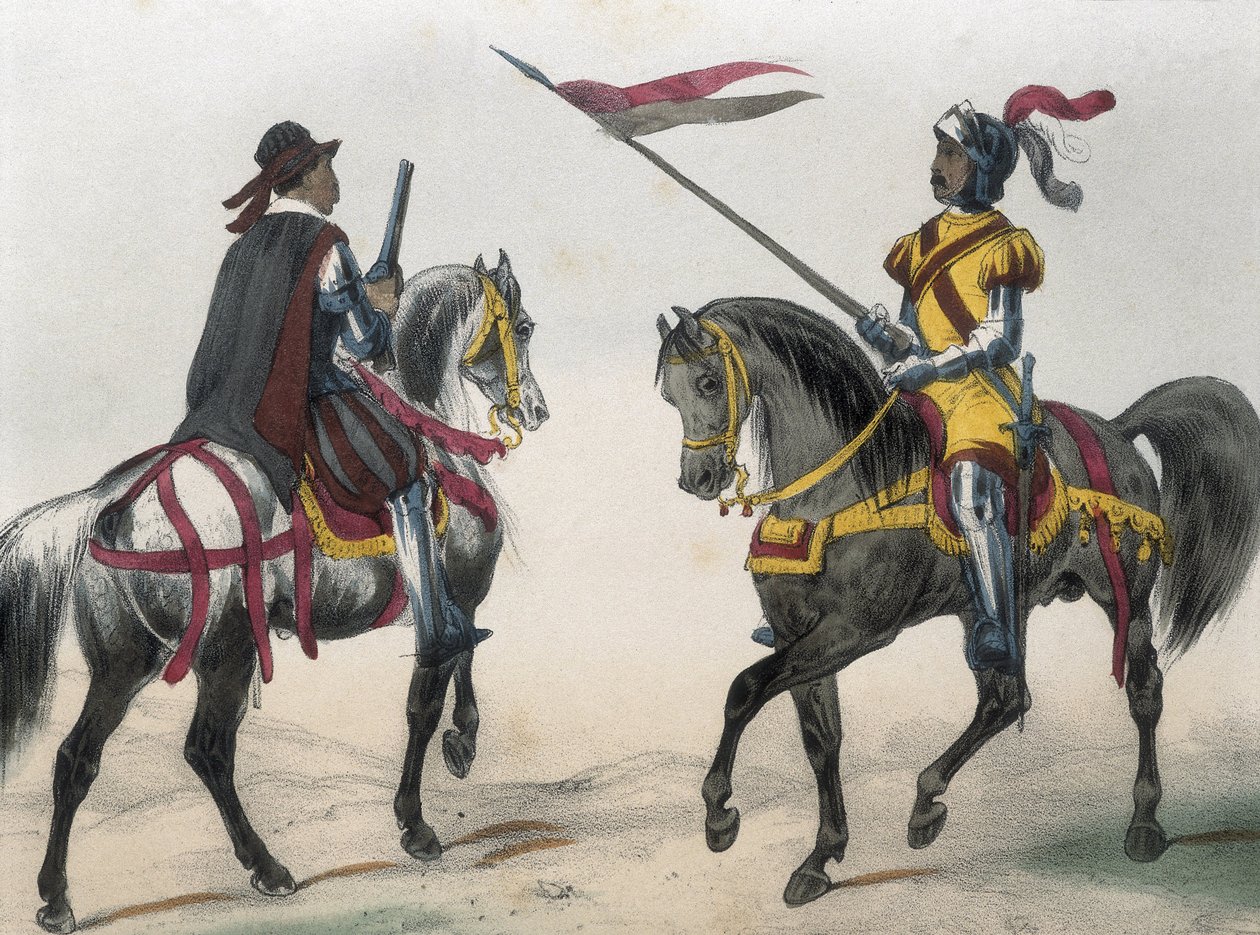 DE SOTTO, Serafin Maria, jarl af Clonard (1793 - 1862). Historia organica de las armas de Infanteria y Caballeria espanolas. 1851 - 1859. Kavalerister under Phillip II af Spaniens regeringstid. "Heraldo de caballeria" (våbenherold) og "hombre de armas" (Ma af Spanish School