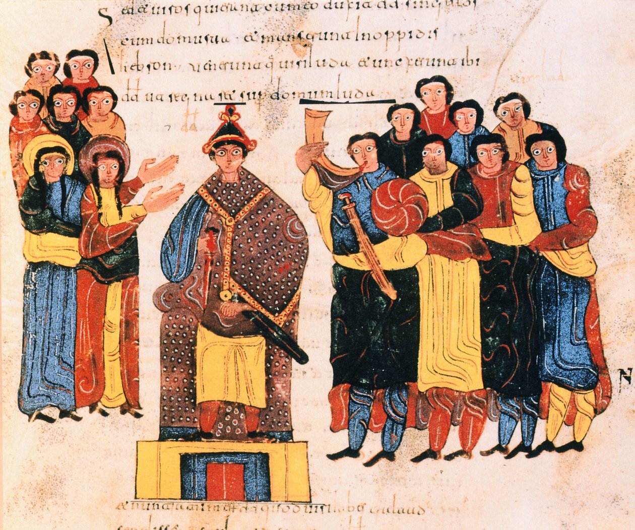 David udråbes til konge før Judas folk, fra den visigotisk-mozarabiske bibel af Skt. Isidores, fol.125r., 960 e.Kr. (tempera på vellum) af Spanish School