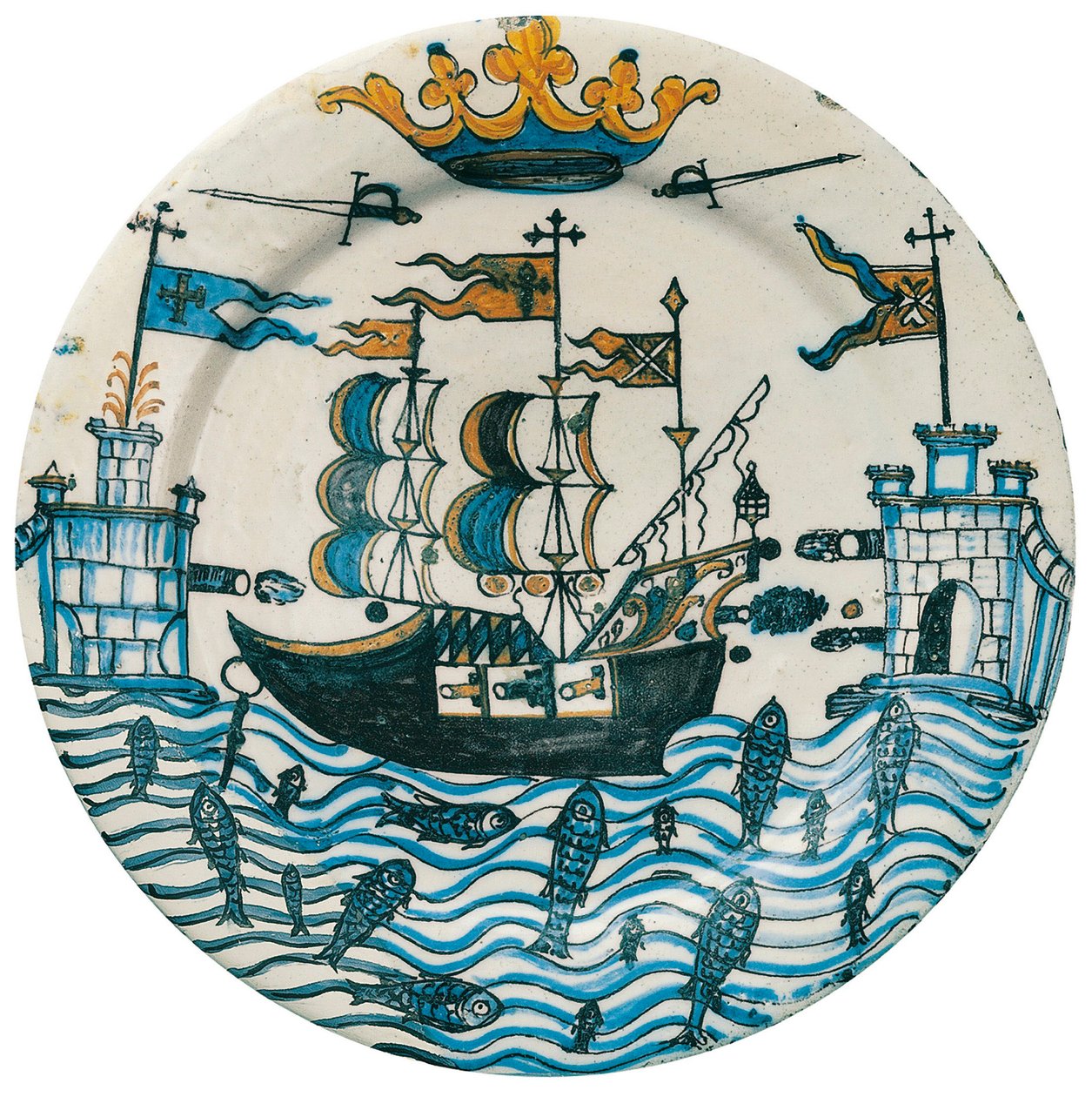 Dekoreplade med tegninger af galleon og slotte toppet med en krone af Spanish School