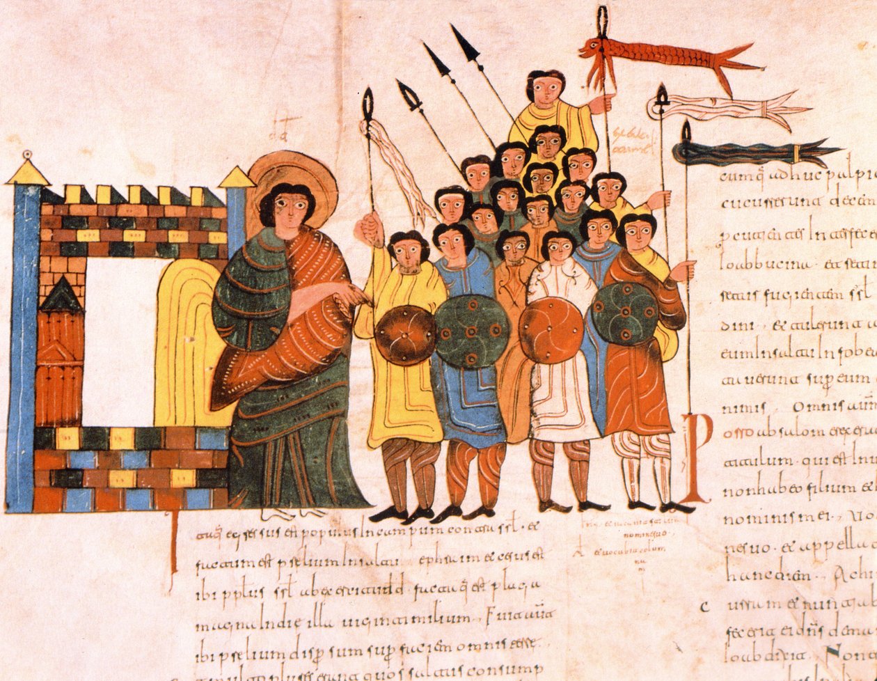 Kong Davids hærs afgang til krig, fra St. Isidores visigotisk-mozarabiske bibel, fol.131v., 960 e.Kr. (tempera på vellum) af Spanish School