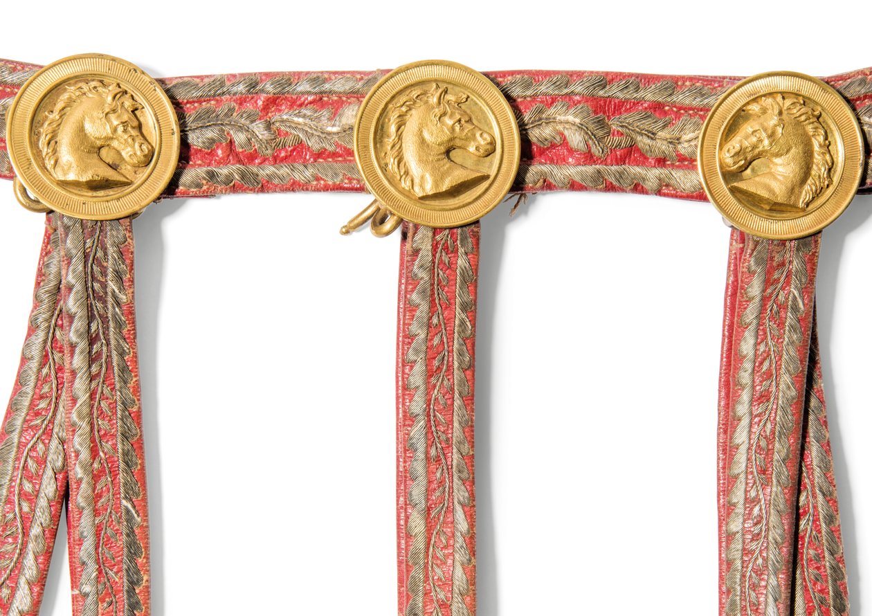 Detalje fra Sabretache af Joseph-Napoleon Bonaparte, konge af Spanien, før 1813 (rødt marokkansk læder med broderet guldværk og beslag af forgyldt messing) af Spanish School