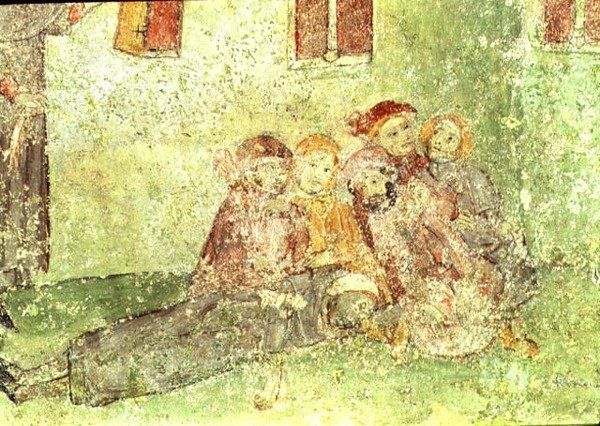 Detalje af arbejdere, der bygger et tempel, fresco under koret i St. Mary of Lluca-kirken (fresko) af Spanish School