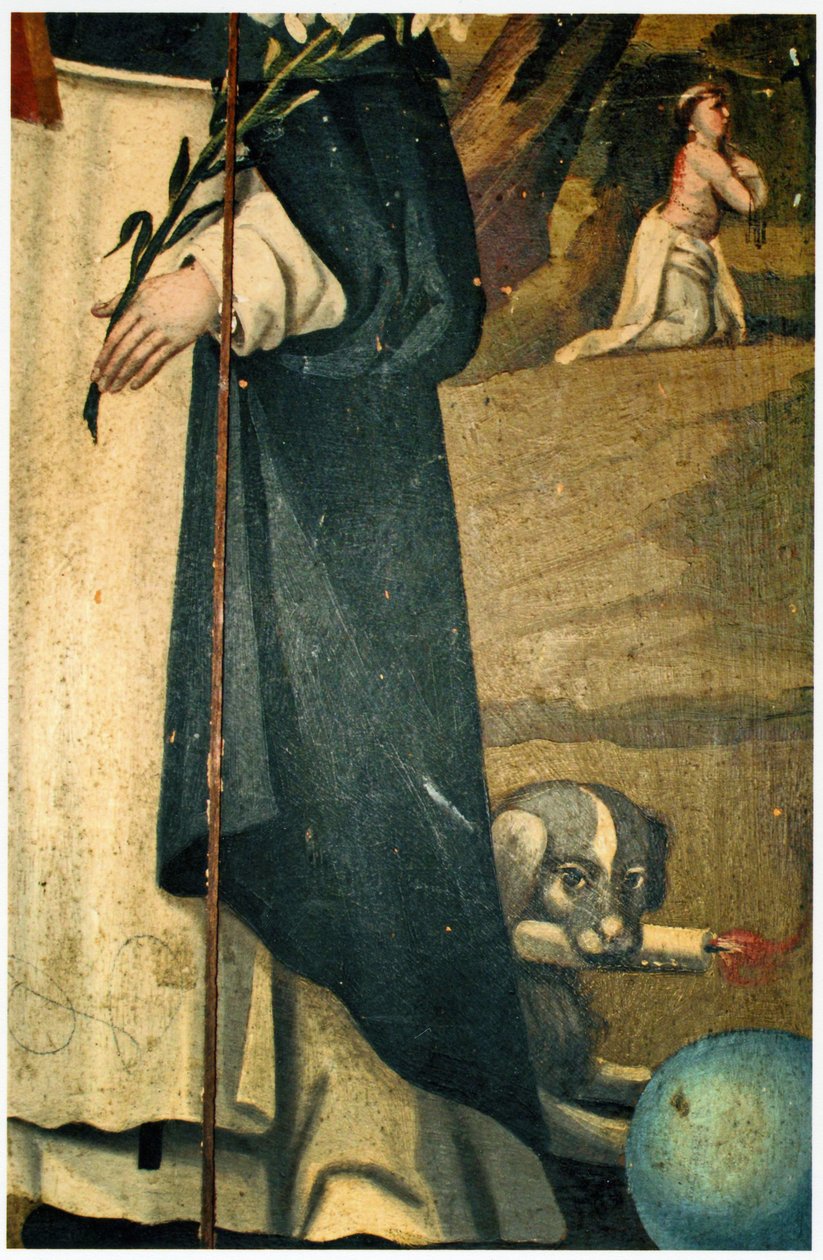 Detalje, der viser liljen, staven og hunden med fakkel, tilskrivninger af St. Dominic af Spanish School