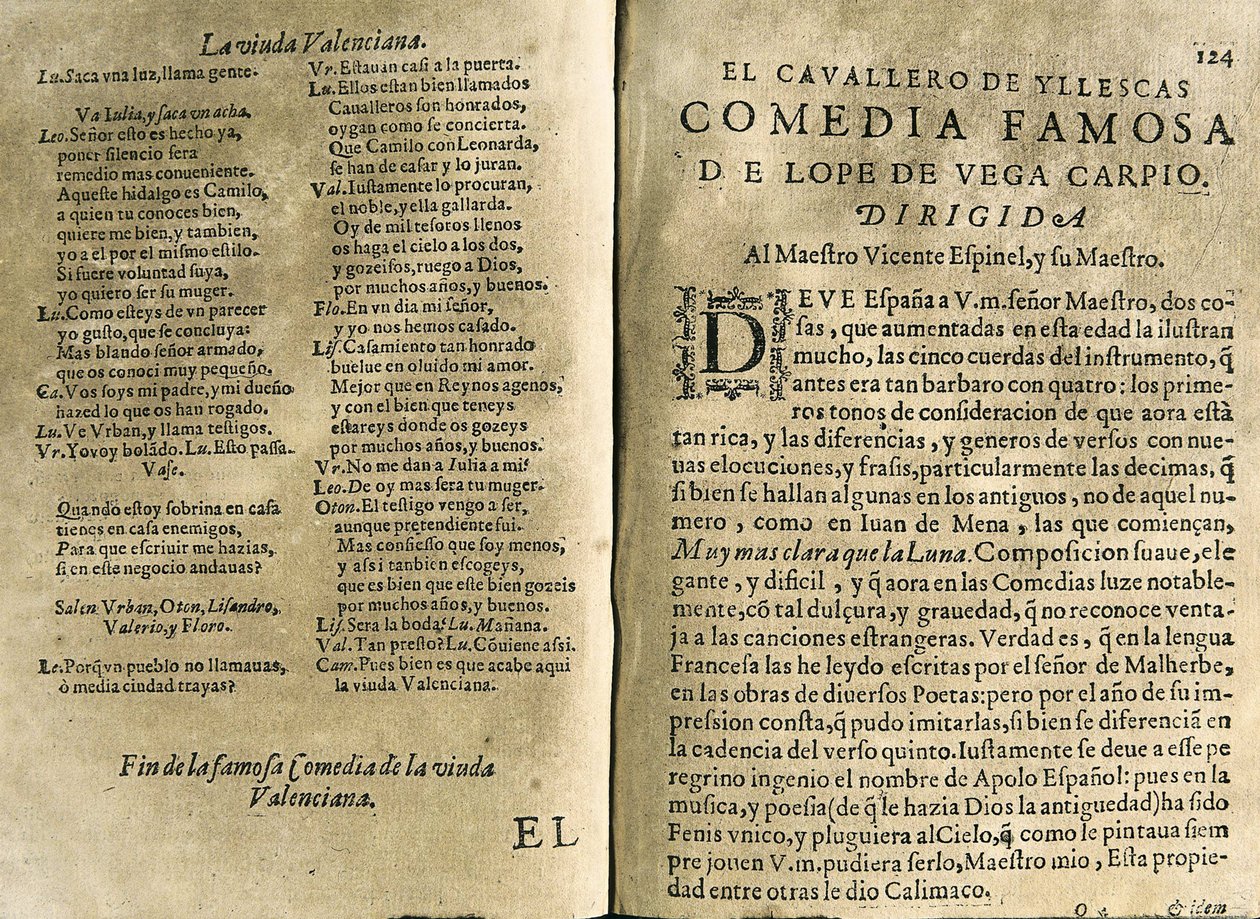 ESPINEL, Vicente (1550-1624). Spansk musiker og klassisk digter; VEGA CARPIO, Felix Lope de (1562-1635). "El cavallero de Yllescas", komedie inkluderet i "Parte catorze de las comedias de Lope de Vega", samling udgivet i Madrid af Fernans enke. af Spanish School