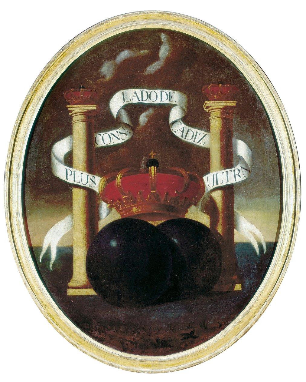Emblem for spanske transatlantiske besiddelser, som senere blev citatet til Cadiz som en frihavn. Spanien af Spanish School