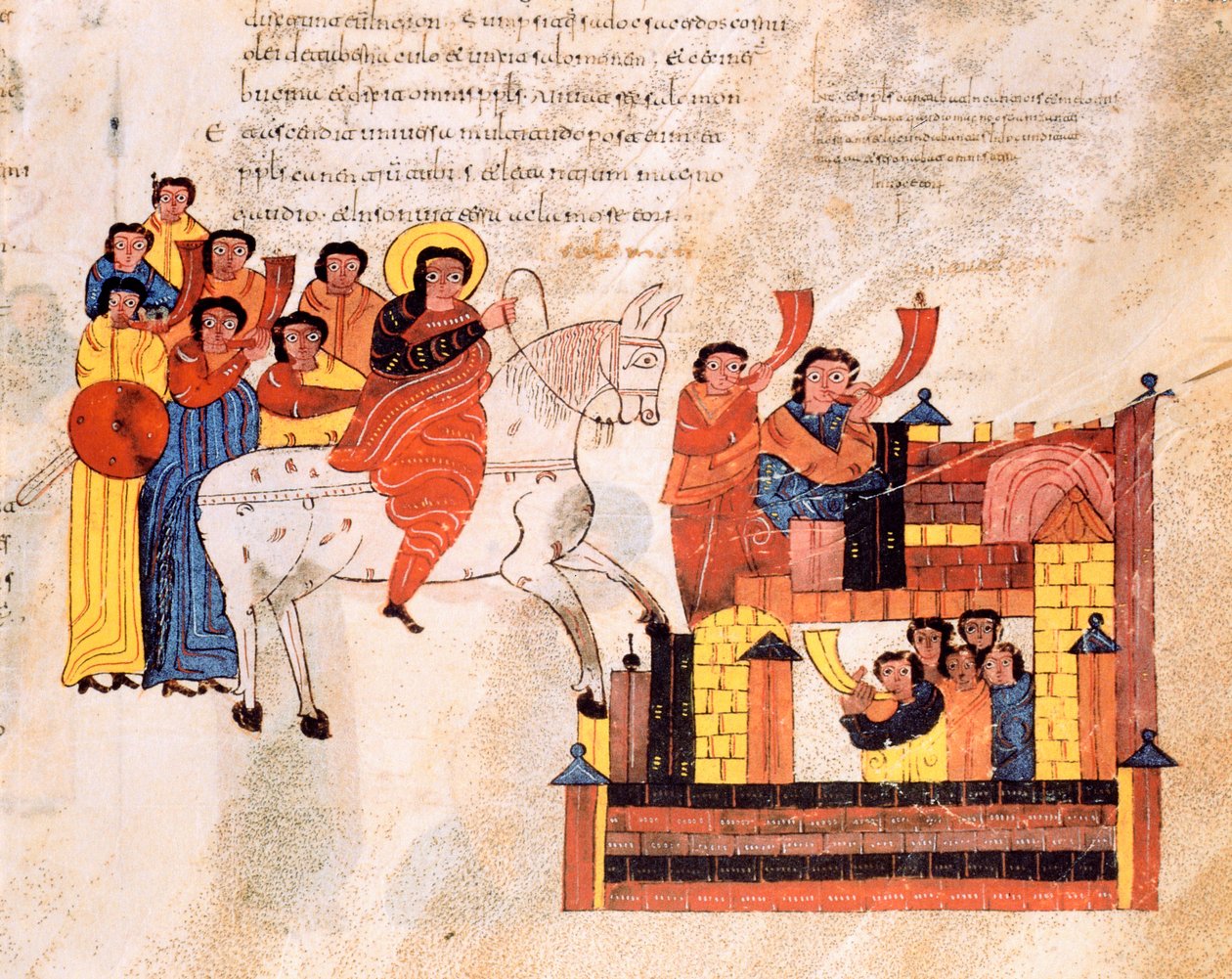Kong Davids indtog i Jerusalem til lyden af trompeter, fra den visigotisk-mozarabiske bibel fra St. Isidores, fol.135r., 960 e.Kr. af Spanish School