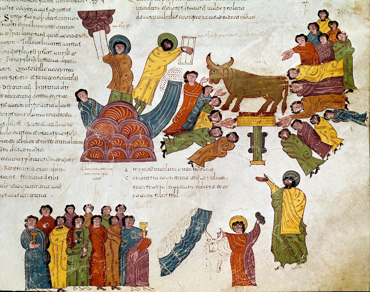 Exodus: "" tilbedelsen af guldkalven""" Moses og lovens tavler. Miniature fra en mozarabisk bibel. 10. århundrede. Leon. Bibliotek for Royal Collegiale of Saint Isidore. Spanien af Spanish School