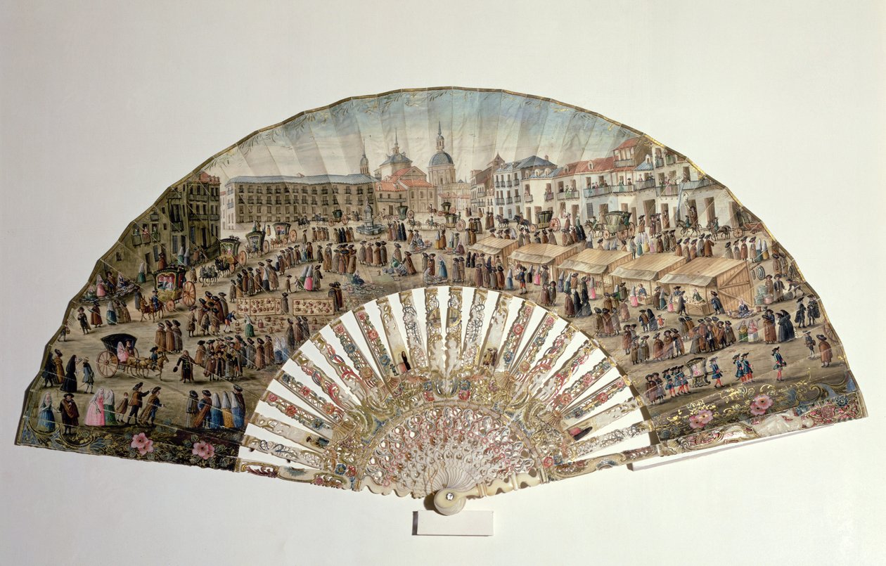 Fan, der viser Plaza de la Cebada, Madrid (elfenben og gouache på papir) af Spanish School