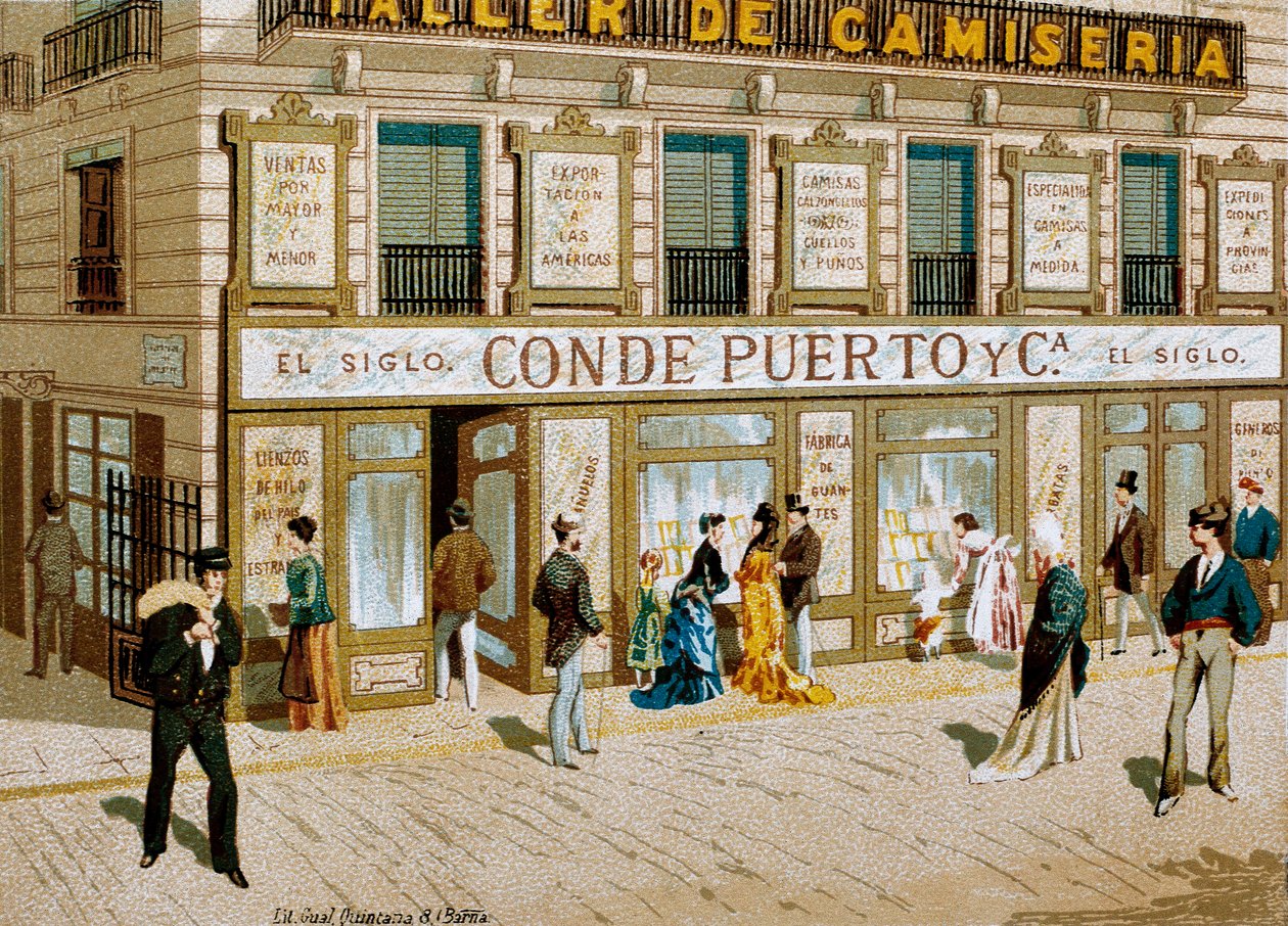 Mode: reklameplakat for stofbutikken "" Conde Puerto "" boutique Barcelona. 19. århundrede af Spanish School
