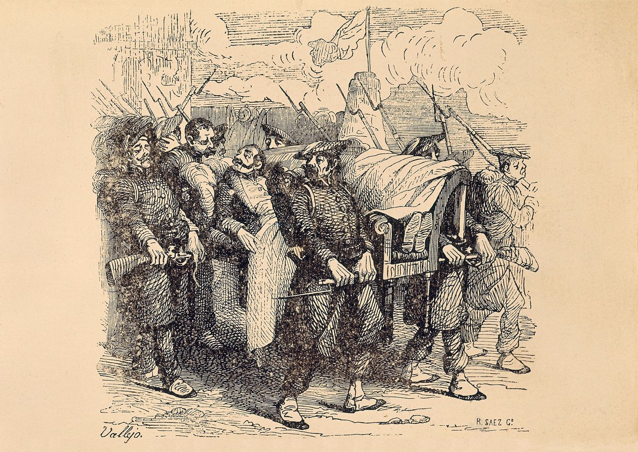 Første carlistkrig (1833-1840): Carlistgeneral Tomas Zumalacarregui (1788-1835) sår under belejringen af Bilbao af Spanish School
