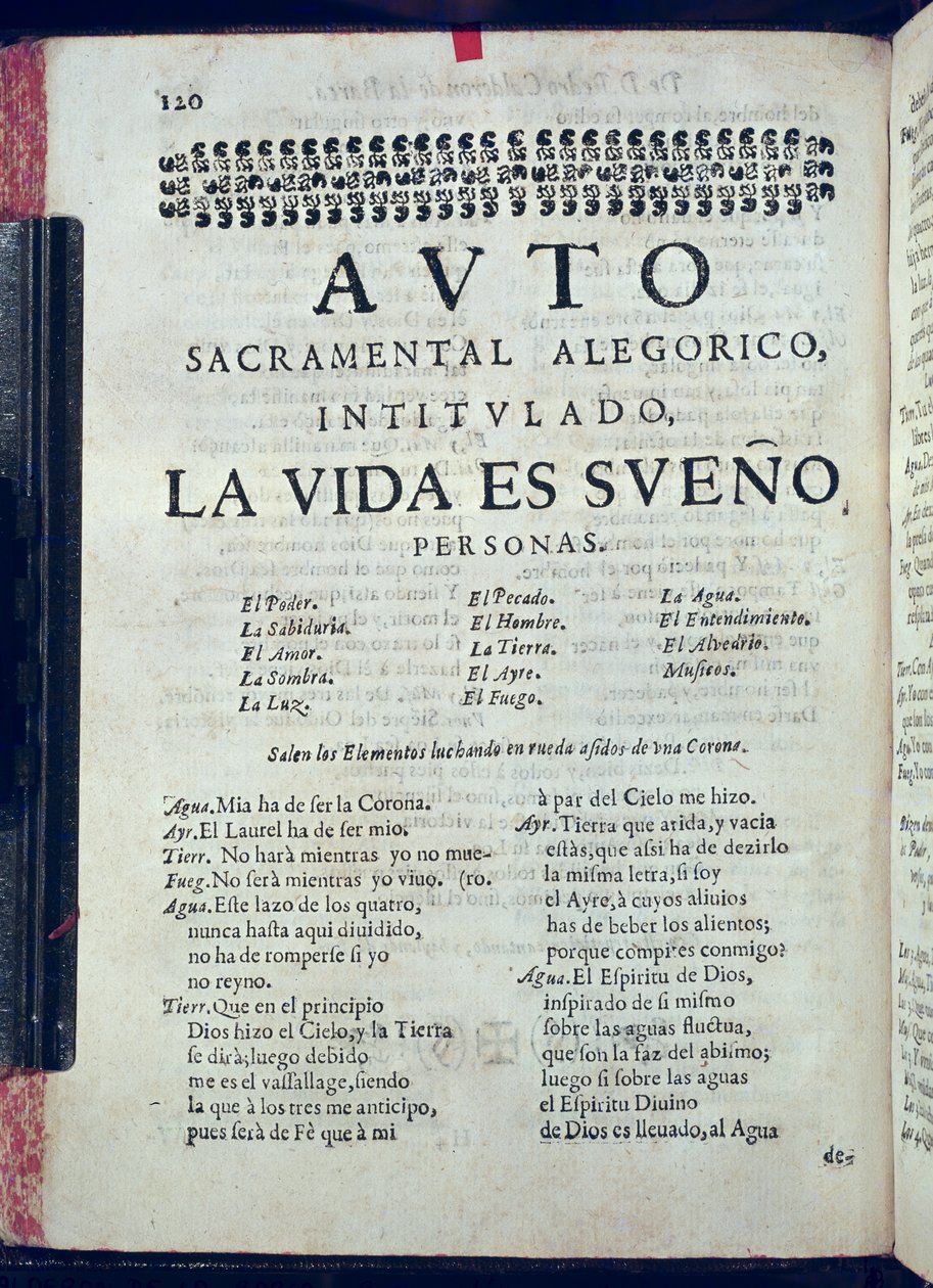 Første side af La Vida es Sueno fra Los Autos Sacramentales af Pedro Calderon de la Barca (1600-81) redigeret af Juan Garcia Infanzon, 1690 (trykt papir) af Spanish School