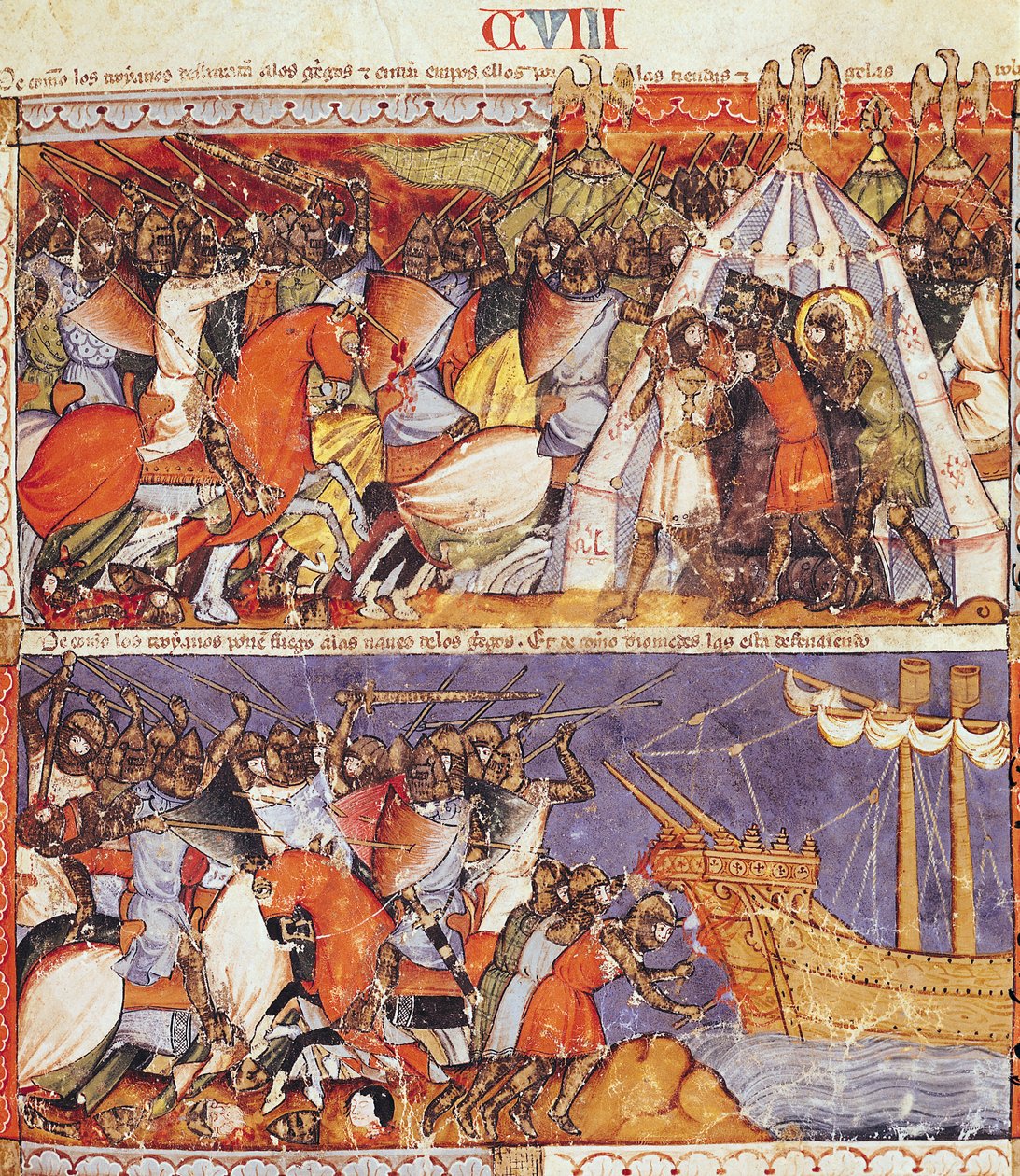 Fol.108r Trojanerne invaderer den græske lejr og sætter ild til de græske skibe, fra Codex Benito de Santa Mora af Spanish School