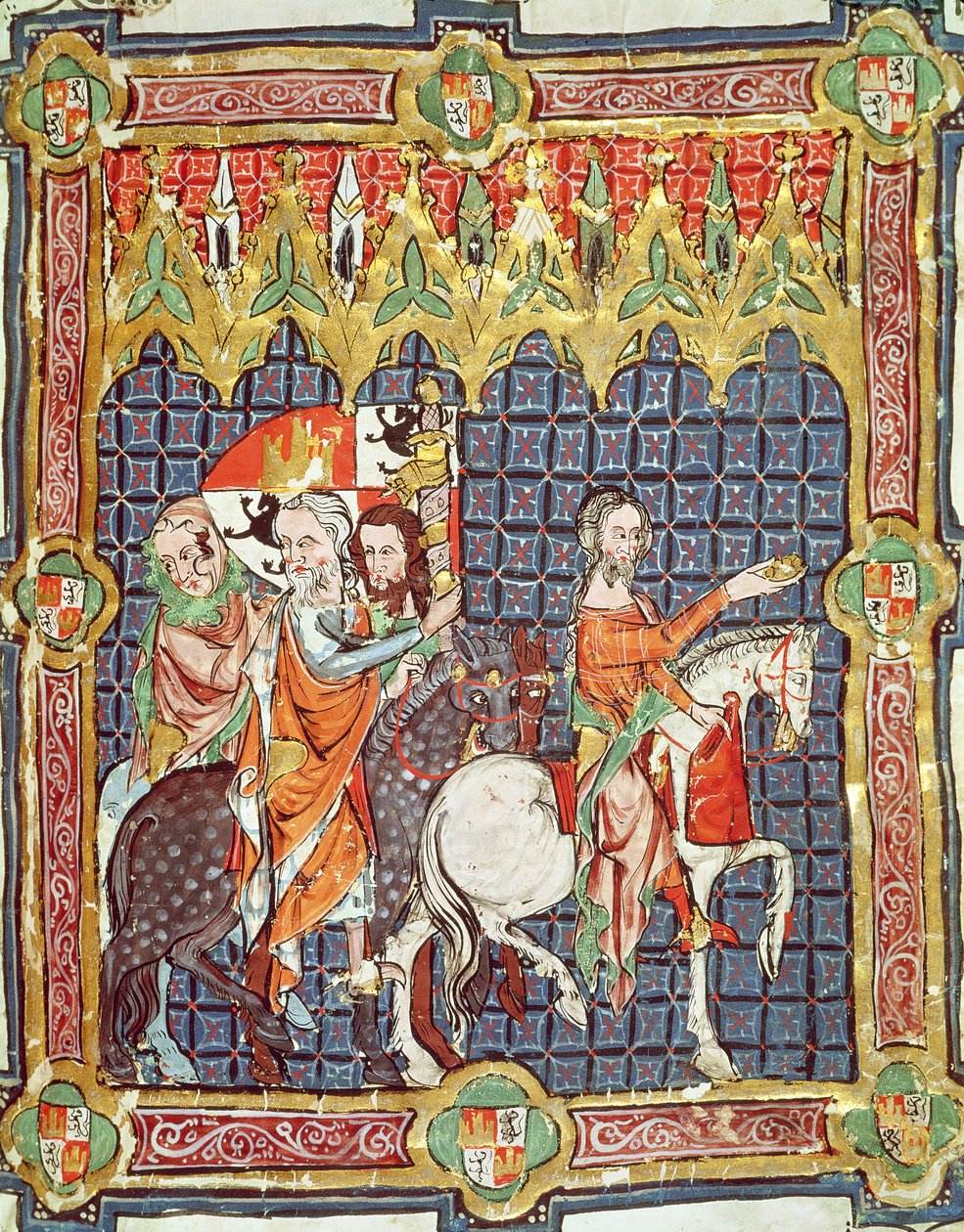 Fol.10r Alfonso VII (1105-57) og hans hustru, Berenguela af Barcelona, førte til mødet med ærkebiskoppen, fra et manuskript, der skildrer kroningerne af kongerne af Aragon og Castilla af Spanish School
