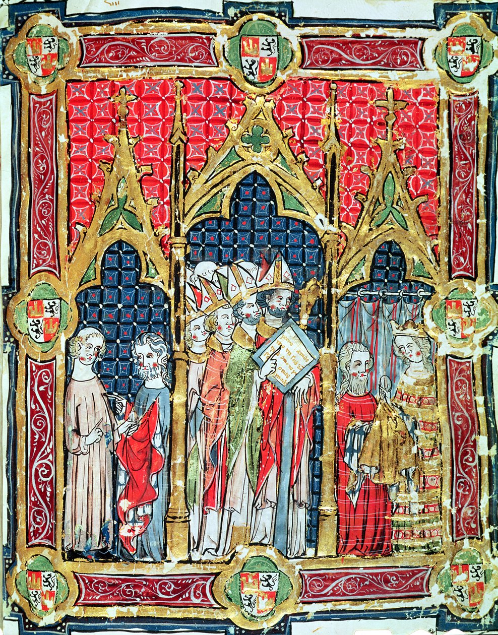 Fol.13r Kroning af kongerne af Aragon og Castille: Alfonso VII (1105-57) tilbyder guldbrød i nærværelse af ærkebiskoppen af Toledo, fra Libro de los Testamentos af Spanish School